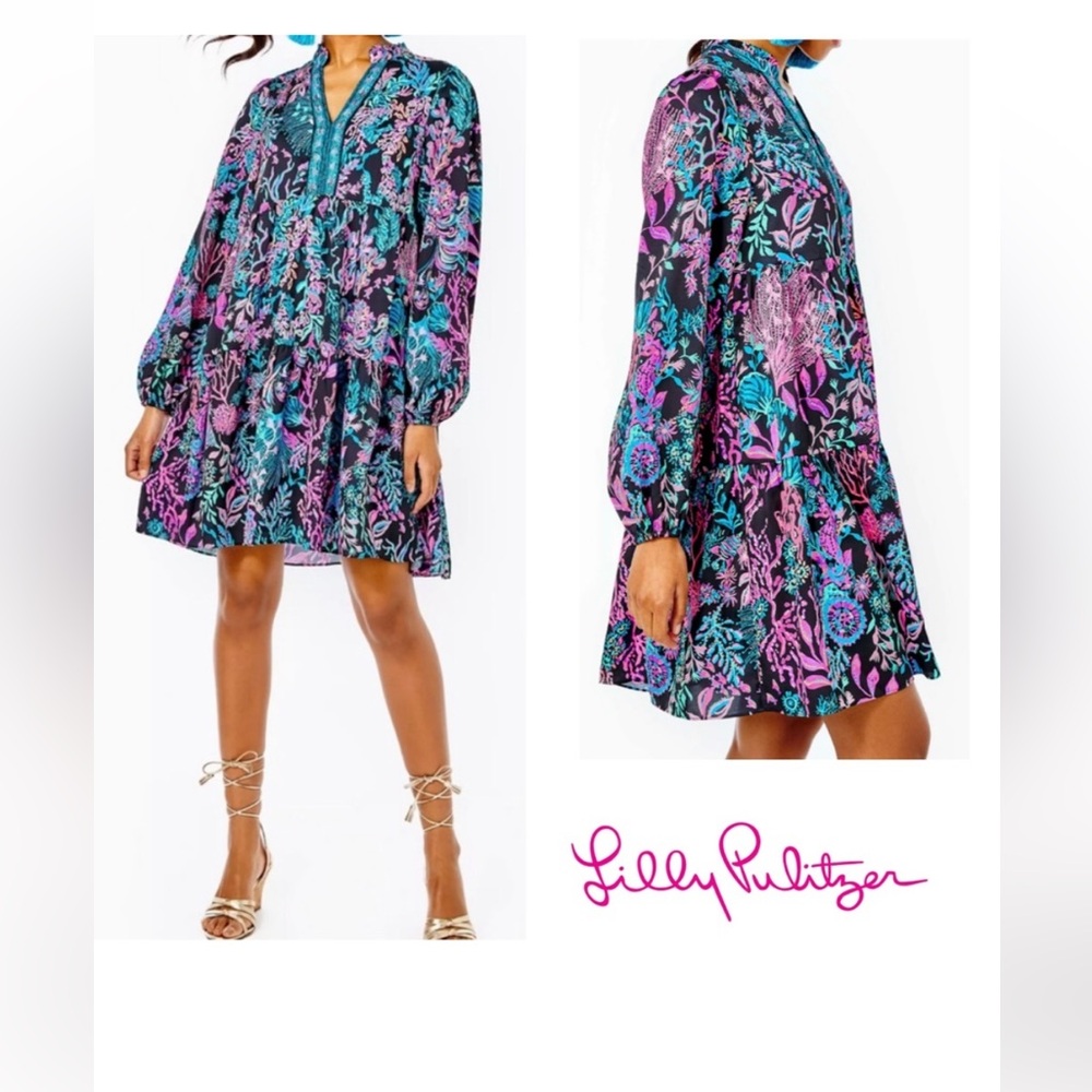 Lilly Pulitzer Black Mini Dress with Pink & Teal Floral Print